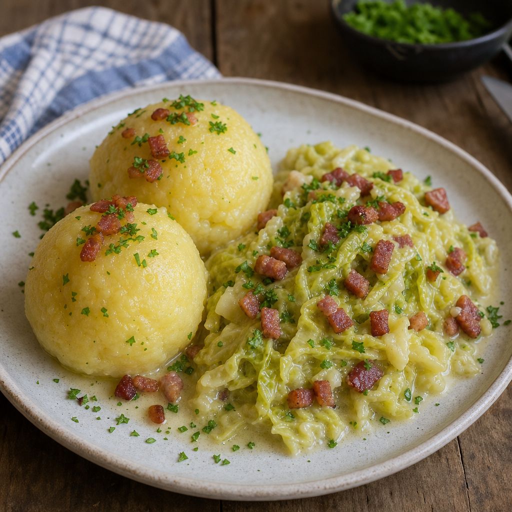 Potato Dumplings with Creamy Savoy Cabbage and Bacon
