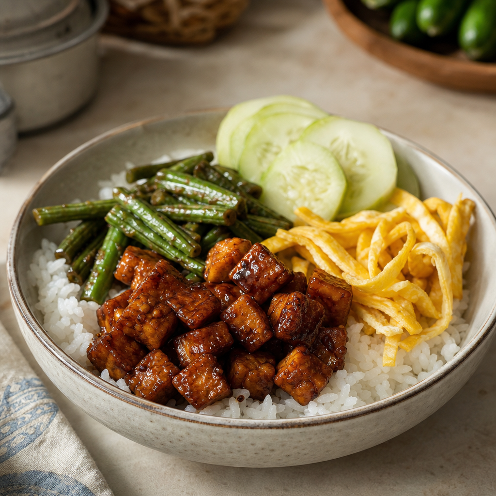 Bowl Rice with Tempe, Sweet Soy Sauce, and Long Beans