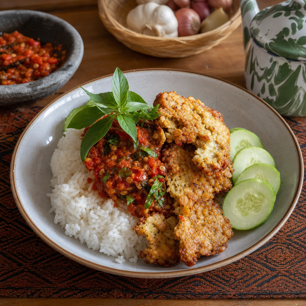 Smashed Tempe with Basil Chili Sauce and Rice